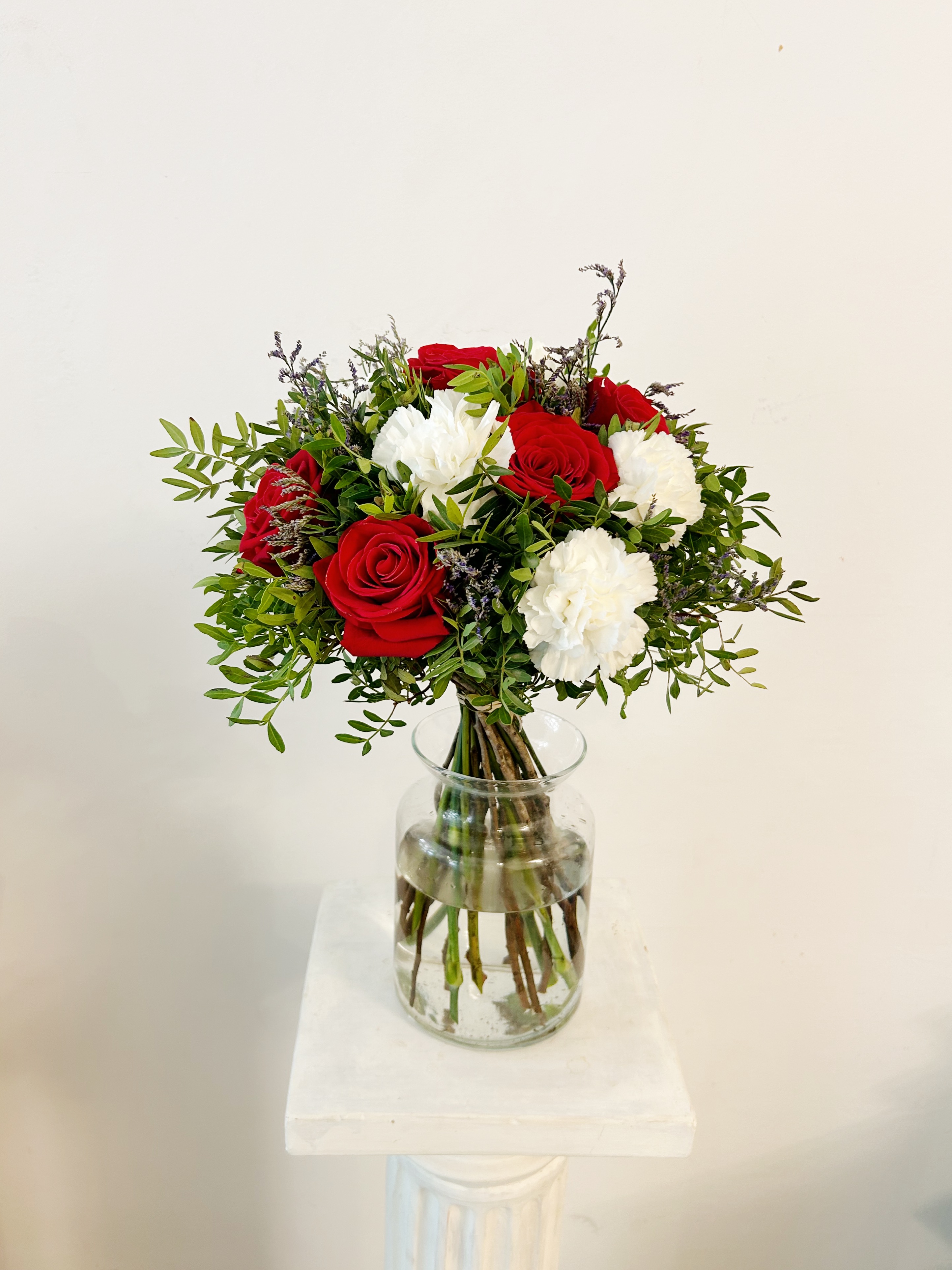 Bouquet of Red Roses and White Chrysanthemums or carnations "I miss you"